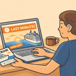 Person booking a last-minute cruise on a laptop showing “Last Minute” cruise deal.