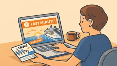 Person booking a last-minute cruise on a laptop showing “Last Minute” cruise deal.