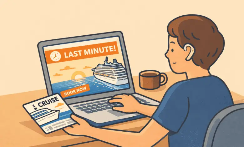 Person booking a last-minute cruise on a laptop showing “Last Minute” cruise deal.