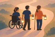 three disabled people holding a small glowing lantern and walking together along a winding path through an open landscape