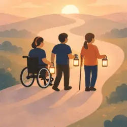 three disabled people holding a small glowing lantern and walking together along a winding path through an open landscape