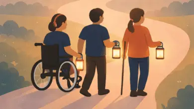 three disabled people holding a small glowing lantern and walking together along a winding path through an open landscape