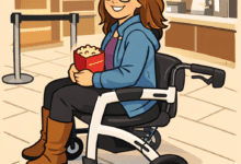 cartoon image of Smiling woman sitting on a rollator with a seat inside a cinema lobby, holding a snack bag while waiting near the counter.