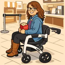 cartoon image of Smiling woman sitting on a rollator with a seat inside a cinema lobby, holding a snack bag while waiting near the counter.
