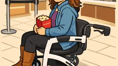 cartoon image of Smiling woman sitting on a rollator with a seat inside a cinema lobby, holding a snack bag while waiting near the counter.