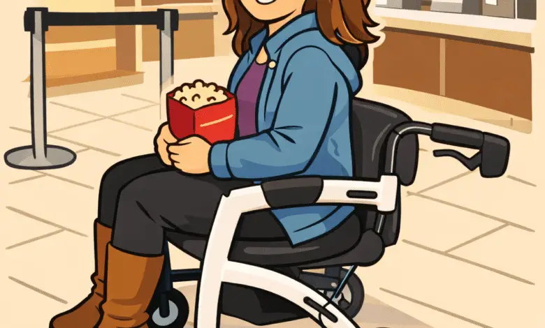 cartoon image of Smiling woman sitting on a rollator with a seat inside a cinema lobby, holding a snack bag while waiting near the counter.
