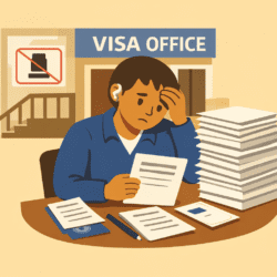 Person with a hearing aid reviews visa paperwork at a table with a large stack of documents; “Visa Office” sign and no-lift symbol behind.
