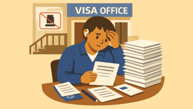 Person with a hearing aid reviews visa paperwork at a table with a large stack of documents; “Visa Office” sign and no-lift symbol behind.