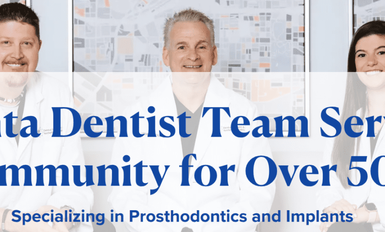 hree dentists in white coats smiling in front of maps, with text: “Atlanta Dentist Team Serving Our Community for Over 50 Years. Specializing in Prosthodontics and Implants.”