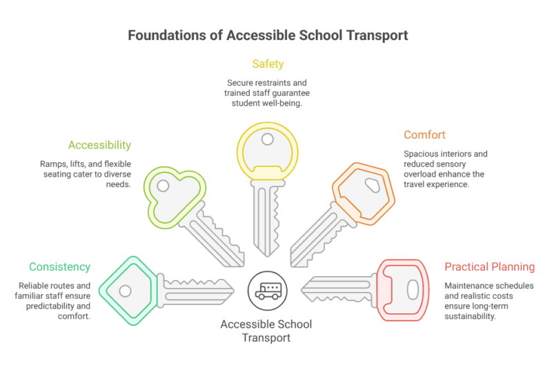 Infographic shows five features of accessible school transport: consistency, accessibility, safety, comfort, and practical planning.