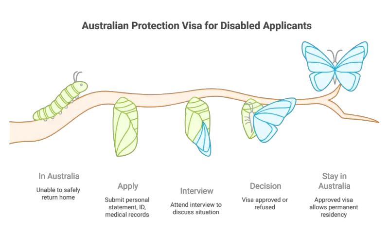Infographic showing Australian Protection Visa steps: in Australia, apply, interview, decision, and stay, illustrated with a caterpillar turning into butterfly