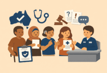 Group of diverse applicants, including a disabled person, speaking with a case officer; icons show healthcare, legal review, and visa approval.