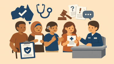 Group of diverse applicants, including a disabled person, speaking with a case officer; icons show healthcare, legal review, and visa approval.