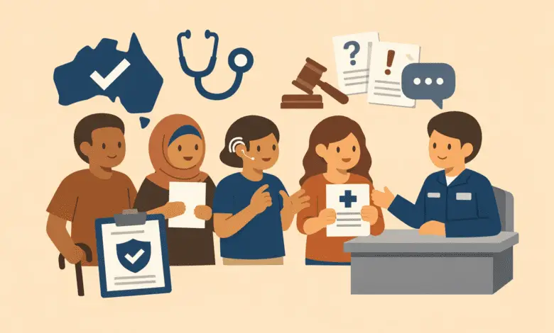 Group of diverse applicants, including a disabled person, speaking with a case officer; icons show healthcare, legal review, and visa approval.