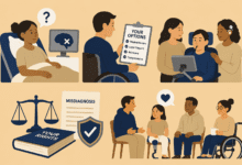 Illustration in six panels showing a patient with a misdiagnosed brain condition, a person reviewing “YOUR OPTIONS” (medical review, legal support, advocacy, compensation), caregivers assisting a wheelchair user with a communication device, a book titled “YOUR RIGHTS” beside scales of justice, and a small support group talking.
