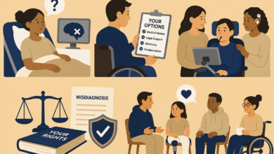 Illustration in six panels showing a patient with a misdiagnosed brain condition, a person reviewing “YOUR OPTIONS” (medical review, legal support, advocacy, compensation), caregivers assisting a wheelchair user with a communication device, a book titled “YOUR RIGHTS” beside scales of justice, and a small support group talking.