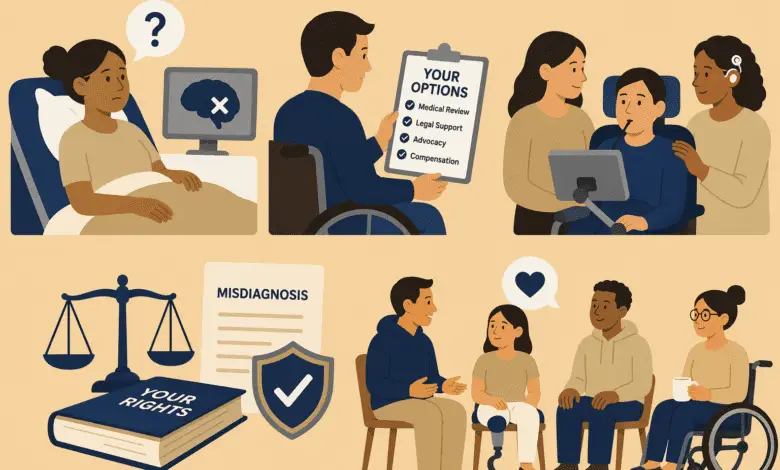 Illustration in six panels showing a patient with a misdiagnosed brain condition, a person reviewing “YOUR OPTIONS” (medical review, legal support, advocacy, compensation), caregivers assisting a wheelchair user with a communication device, a book titled “YOUR RIGHTS” beside scales of justice, and a small support group talking.