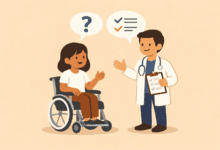 Cartton image of wheeelchair user in conversation with a doctor