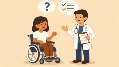 Cartton image of wheeelchair user in conversation with a doctor