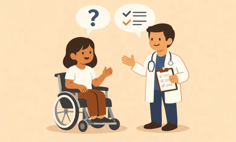 Cartton image of wheeelchair user in conversation with a doctor