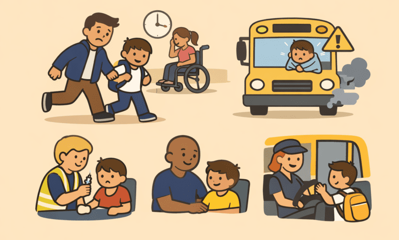 Illustrations show school transport issues: late pickup, broken-down bus, trained escort support, and a child boarding safely.