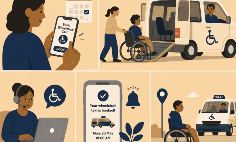 Illustration showing the process of booking a wheelchair-accessible taxi by phone, confirmation message, and assisted pickup with an accessible van.