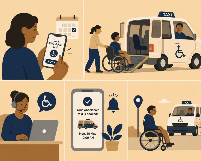 Illustration showing the process of booking a wheelchair-accessible taxi by phone, confirmation message, and assisted pickup with an accessible van.