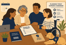 Illustration of an older woman and family members discussing power of attorney paperwork around a table, with accessible support and future care planning themes.