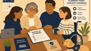 Illustration of an older woman and family members discussing power of attorney paperwork around a table, with accessible support and future care planning themes.