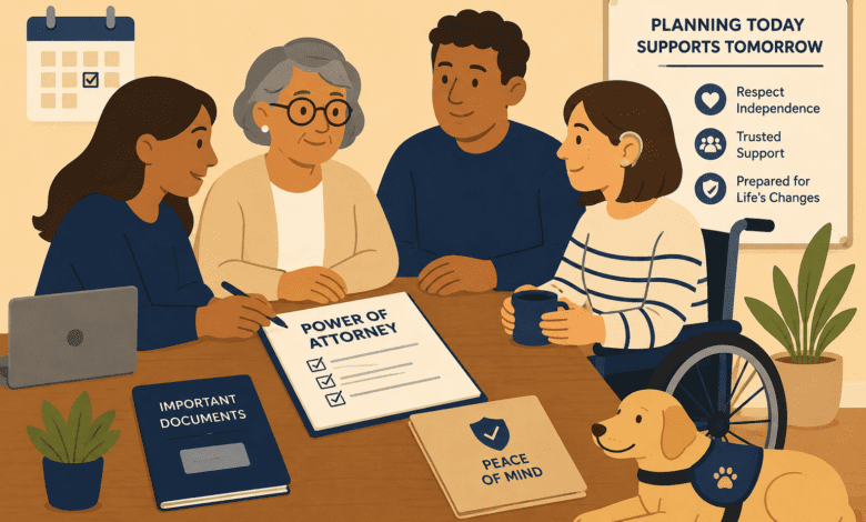 Illustration of an older woman and family members discussing power of attorney paperwork around a table, with accessible support and future care planning themes.