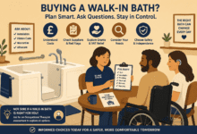 Flat cartoon illustration of a disabled couple meeting a supplier to discuss a walk-in bath, with a bathroom setup, checklist of costs and features, and icons for grants, safety, and planning on a warm beige background.