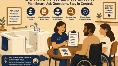 Flat cartoon illustration of a disabled couple meeting a supplier to discuss a walk-in bath, with a bathroom setup, checklist of costs and features, and icons for grants, safety, and planning on a warm beige background.