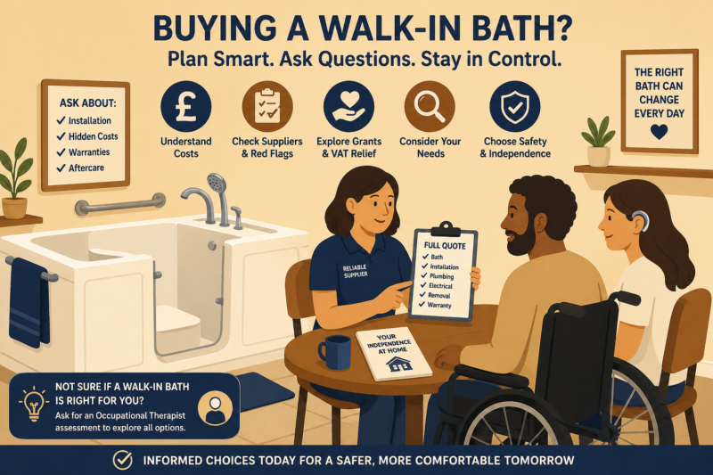 Flat cartoon illustration of a disabled couple meeting a supplier to discuss a walk-in bath, with a bathroom setup, checklist of costs and features, and icons for grants, safety, and planning on a warm beige background.