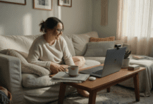 Person sitting on a sofa at home, smiling during a telehealth video appointment on a laptop.