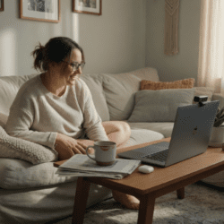Person sitting on a sofa at home, smiling during a telehealth video appointment on a laptop.