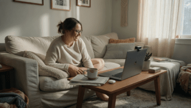 Person sitting on a sofa at home, smiling during a telehealth video appointment on a laptop.