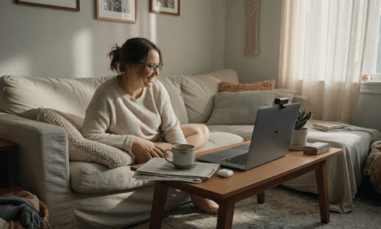 Person sitting on a sofa at home, smiling during a telehealth video appointment on a laptop.