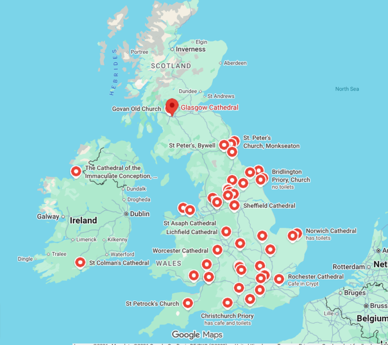 Google Maps screenshot showing dozens of "Old, Cold and Free" locations across the UK and Ireland, concentrated around cathedrals, churches, libraries and historic buildings.