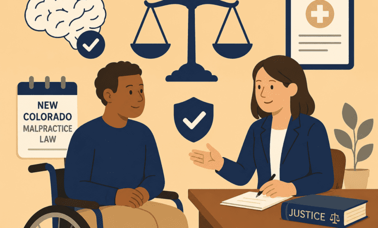 Person in a wheelchair meets with a lawyer about Colorado malpractice law, surrounded by symbols of healthcare, legal rights, and protection. Visible text: “NEW COLORADO MALPRACTICE LAW” and “JUSTICE.”