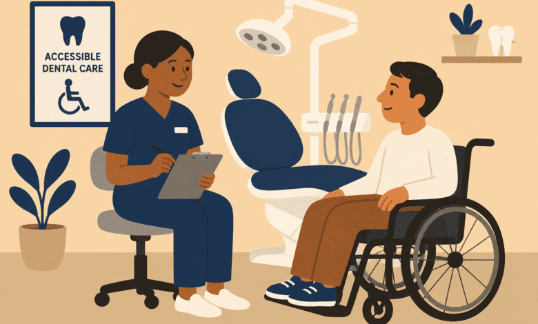 Dentist speaking with a wheelchair user beside a dental chair in an accessible clinic