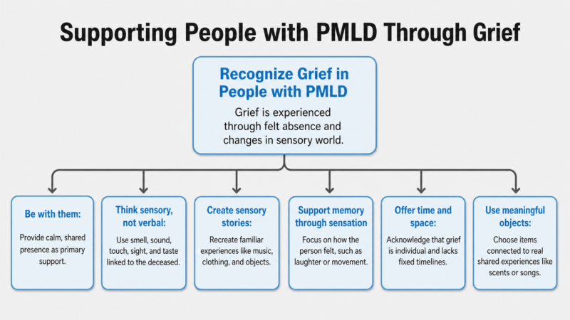 Flowchart titled “Supporting People with PMLD Through Grief,” showing six sensory-focused ways to support grief after loss.