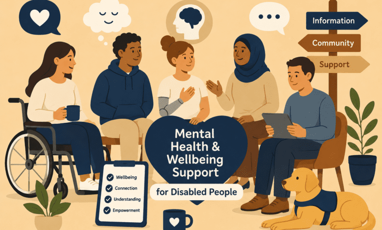 Illustration of a diverse group of disabled and non-disabled people talking together around a heart-shaped sign reading “Mental Health & Wellbeing Support for Disabled People”.