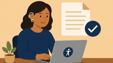 Person using a laptop with an accessible document icon and checkmark, representing accessible digital documents and independent access.