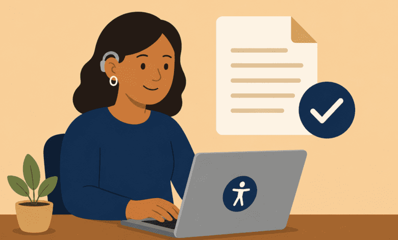 Person using a laptop with an accessible document icon and checkmark, representing accessible digital documents and independent access.