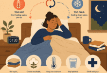 Person sitting up in bed at night looking uncomfortable as arrows show a cycle between feeling too hot and too cold. Icons and text highlight tips for managing poor temperature regulation during sleep, including using layered bedding, choosing breathable natural fabrics, keeping the bedroom cool (around 18°C), staying hydrated, and seeking medical advice for severe symptoms.