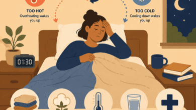 Person sitting up in bed at night looking uncomfortable as arrows show a cycle between feeling too hot and too cold. Icons and text highlight tips for managing poor temperature regulation during sleep, including using layered bedding, choosing breathable natural fabrics, keeping the bedroom cool (around 18°C), staying hydrated, and seeking medical advice for severe symptoms.