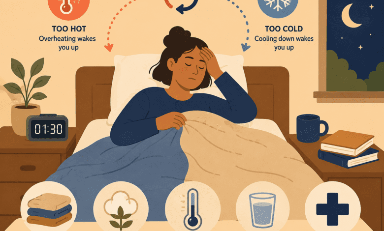 Person sitting up in bed at night looking uncomfortable as arrows show a cycle between feeling too hot and too cold. Icons and text highlight tips for managing poor temperature regulation during sleep, including using layered bedding, choosing breathable natural fabrics, keeping the bedroom cool (around 18°C), staying hydrated, and seeking medical advice for severe symptoms.