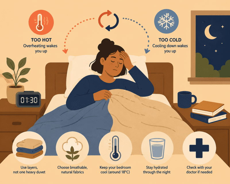 Person sitting up in bed at night looking uncomfortable as arrows show a cycle between feeling too hot and too cold. Icons and text highlight tips for managing poor temperature regulation during sleep, including using layered bedding, choosing breathable natural fabrics, keeping the bedroom cool (around 18°C), staying hydrated, and seeking medical advice for severe symptoms.