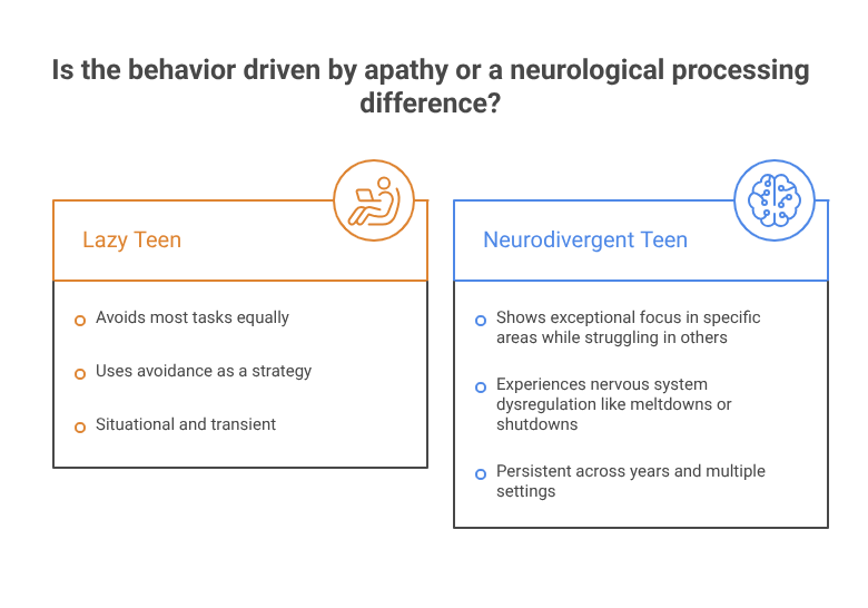 Comparison chart titled "Is the behavior driven by apathy or a neurological processing difference?" contrasting traits commonly associated with a "Lazy Teen" and a "Neurodivergent Teen."