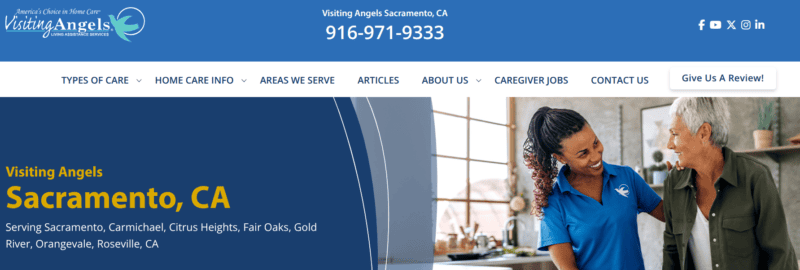 Visiting Angels Sacramento homepage showing in-home care services, contact number, and a caregiver supporting an older woman.